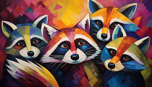 Abstract raccoons cubism panorama