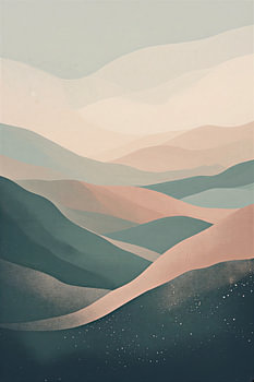 Moderne abstrakte Wanddekoration mit Hügeln – Minimalistisches Poster mit Berglandschaft – Naturdekor in den Farbtönen Salbeigrün und Altrosa