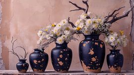 Vier vazen op een rij met takken van de Magnolia erin  op een oude verweerde achtergrond pastelkleuren. van Brian Morgan