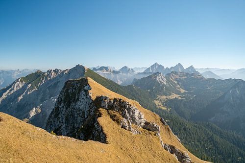 Uitzicht vanaf de Aggenstein op de Zugspitze en de Tannheimer bergen, zoals de Gimpel en de Kellenspitze