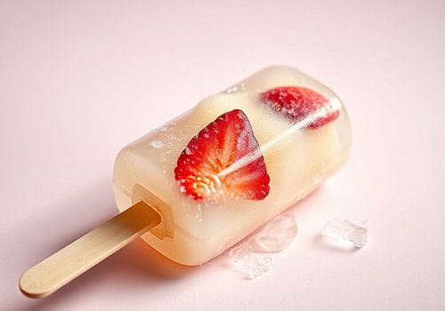een ijsco lolly met fruit op houten stokje.