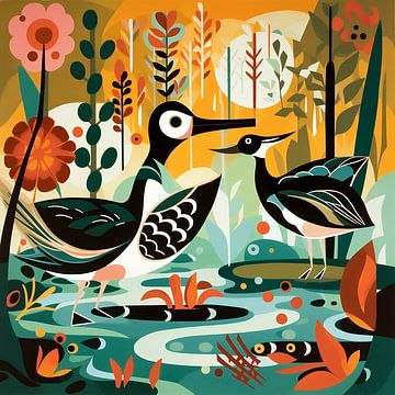 Oiseaux et fleurs dans le style de Charley Harper sur Jan Bechtum