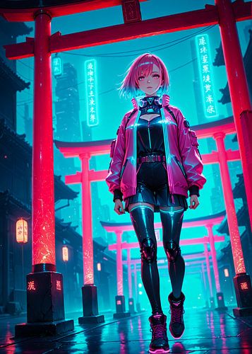Anime Girl Torii Gate Japan Cyberpunk Style