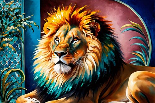 Krachtige kleurrijke leeuw schilderij