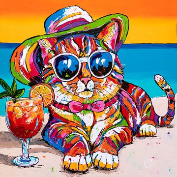 Koele Kat op het Strand van Happy Paintings