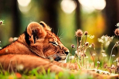 Slapende leeuw in bloemenveld