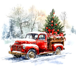 carte de Noël représentant une voiture vintage rouge avec un sapin de Noël sur Margriet Hulsker