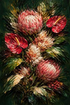 Purpurrote Protea blüht in Mitternachtsschatten