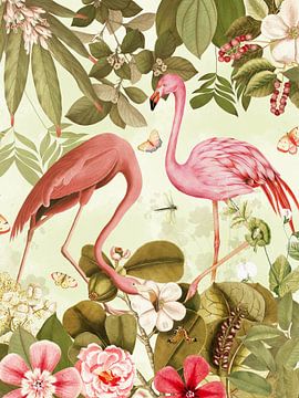 Roze Vintage Flamingo Tropische Bloem Jungle Paradijs 1 van Floral Abstractions