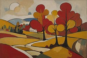 Autumn scene with Red and Golden Leaves by De Muurdecoratie