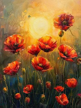 Etherische uitstraling: Karmijnrode klaprozen ontwaken onder de gouden gloed