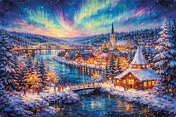 Rovaniemi, schilderij van het noorderlicht in Finland.