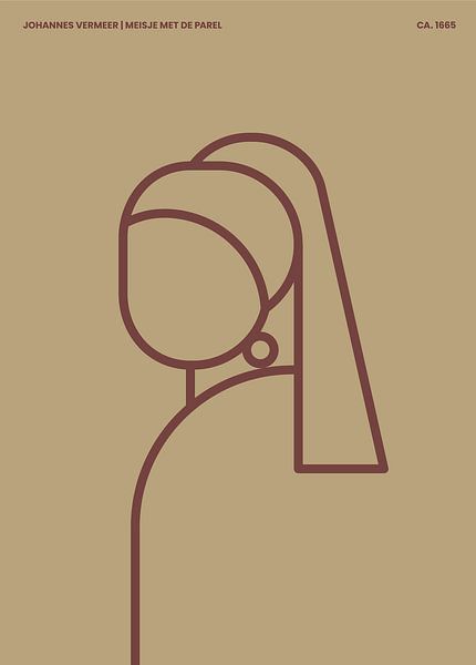 Das Mädchen mit dem Perlenohrring abstrakte Linie Illustration auf Creme Hintergrund mit braunen Linien von Michel Rijk