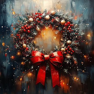 Couronne de Noël avec nœud sur Peinture Abstraite