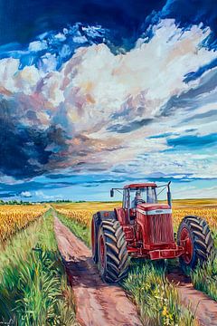 Rode tractor in het gouden veld van Poster Art Shop