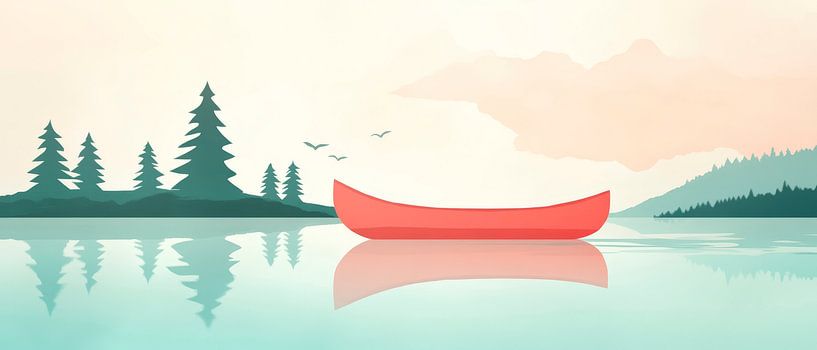 Ruhige See mit rotem Kanuflug – Minimalistisch von Poster Art Shop