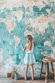 Girl at world map - Dreamy street art painting by BowiScapes - Fine Art and Urban Wall Art