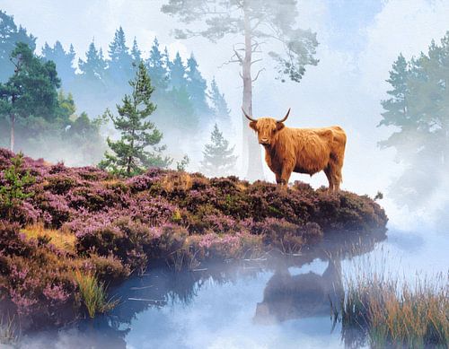 Een schotse hooglander op de heide bij een meertje