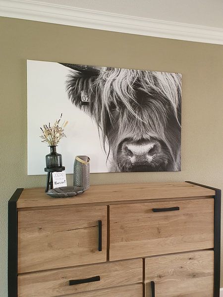 Customer photo: Portrait Scottish Highlander black and white by Sandra van Kampen, on canvas