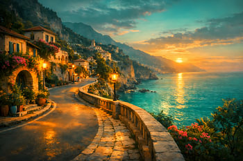 Traumhafter Sonnenuntergang an der Amalfiküste – Mediterranes Wandbild