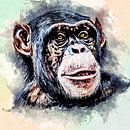 Portret van een West-Afrikaanse chimpansee (waterverf, mixed media) van Art by Jeronimo thumbnail