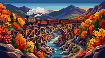 Vintage Steam Train Crossing a Mountain Bridge in Autumn.