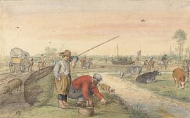 Fishermen with landing nets along a towpath, Hendrick Avercamp, 1595 - 1634
