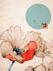 Japandi Art: Gelassenes Gemälde mit orientalischer Blume unter der Sonne