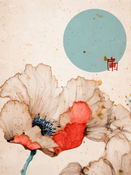 Japandi Art: Serene painting with oriental flower under the sun by Studio Pieternel