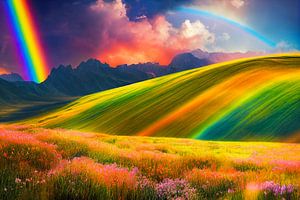 Regenbogen über einer Frühlings Landschaft Gemälde Illustration