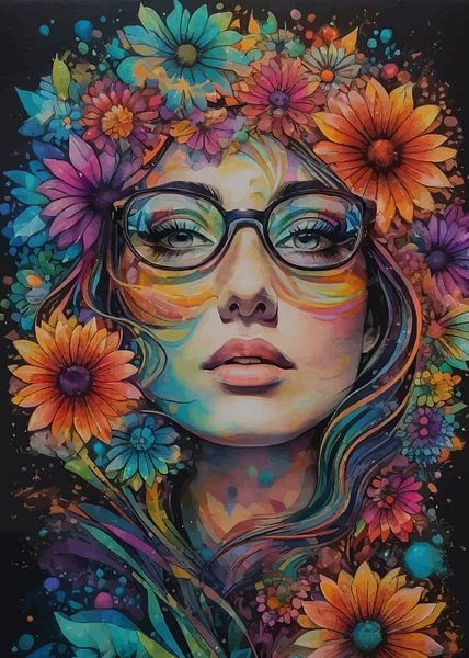 Fille portant des lunettes de soleil avec une fleur Portrait abstrait par éclaboussures par MIROKKU
