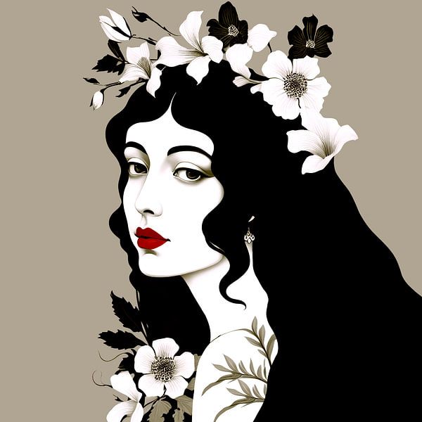 Porträt in Taupe und Schwarz-Weiß. Digitale Malerei von Mariëlle Knops, Digital Art