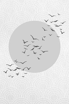 Japandi. Abstract landscape with pastel grey sun and birds on Japanese bullseye pattern by Dina Dankers