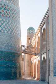 See-through view with sunlight and turquoise mosaic tower | travel photography print | Khiva Uzbekistan