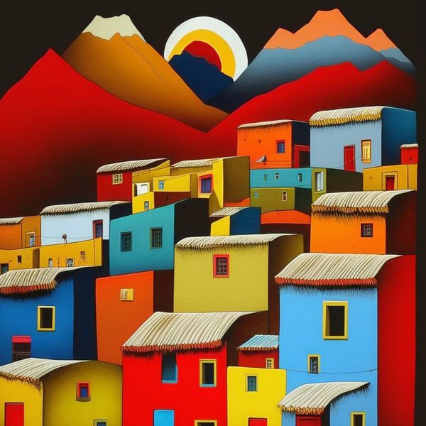 Naive Kunst Siedlung stilisiert bunte Häuser Berge grafisch von gm_designs