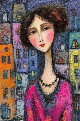 Woman Against a Colourful Background by Abstract Painting