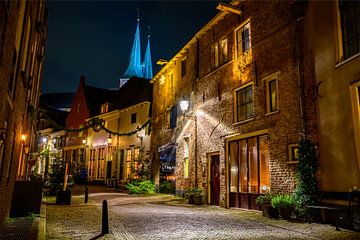 Deventer winter evening street view with Christmas decorations