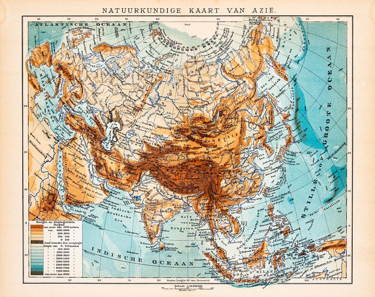 Asia, physics. Vintage map ca. 1900 by Studio Wunderkammer