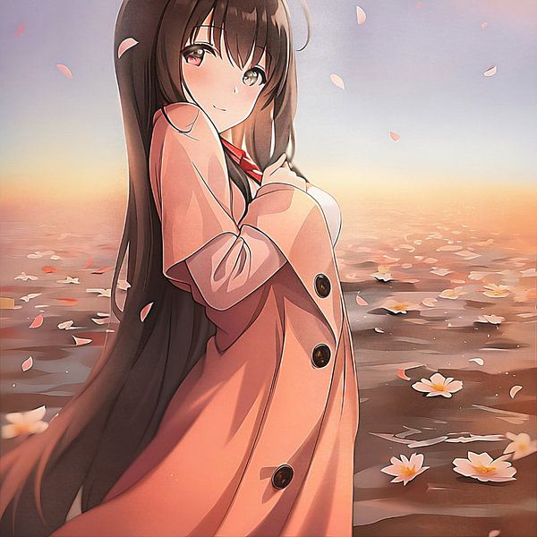 Girl with long brown hair by a sea of flowers by Emiel de Lange