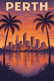 Perth Zonsondergang Reflecties - Retro Skyline; Palm Silhouet Poster van Travel Shop