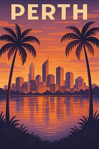 Perth Sonnenuntergang Reflexionen - Retro Skyline & Palm Silhouette Poster