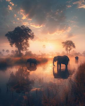 Mystiek uitzicht op olifanten in de ochtendnevel van fernlichtsicht