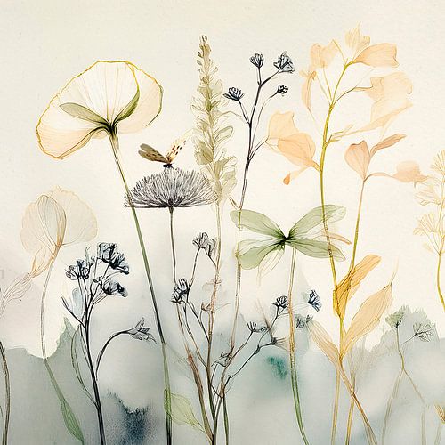 Botanische Illustration: Zerbrechliche Wildblumen und Gräser