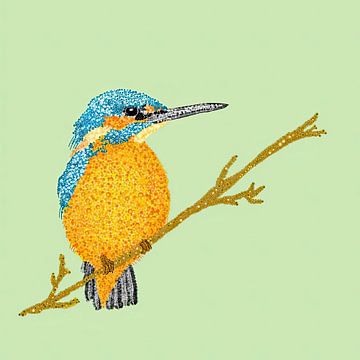 Digital art in de stijl van pointillisme kunstwerk Ijsvogel op een tak van Studio Spanjersberg