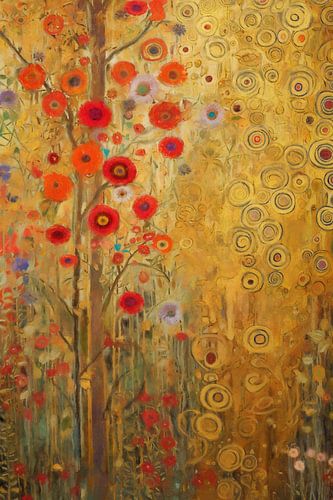 Rode Bloemen op Gouden Achtergrond