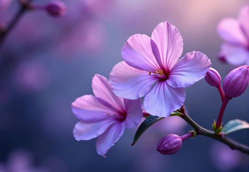 Close-up foto van twee lichtpaarse bloemen en knoppen
