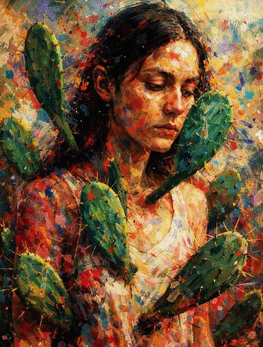 Veerkracht Omhels Vrouw met Cactus Impasto Portret