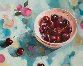 Cherries On Tablecloth by Jenny Westenhofer