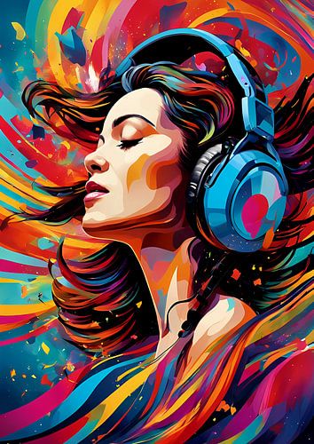 Woman in Headphones with Colorful Background