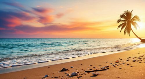 Palmboom op strand bij zonsondergang